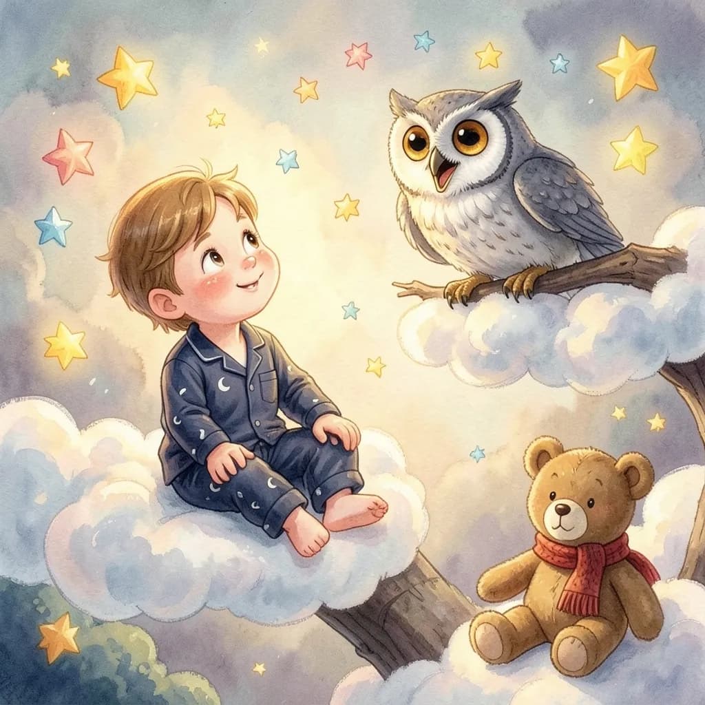 Page 4 illustration: In the middle of the bridge, a big-eyed owl sat on a cloudy branch.