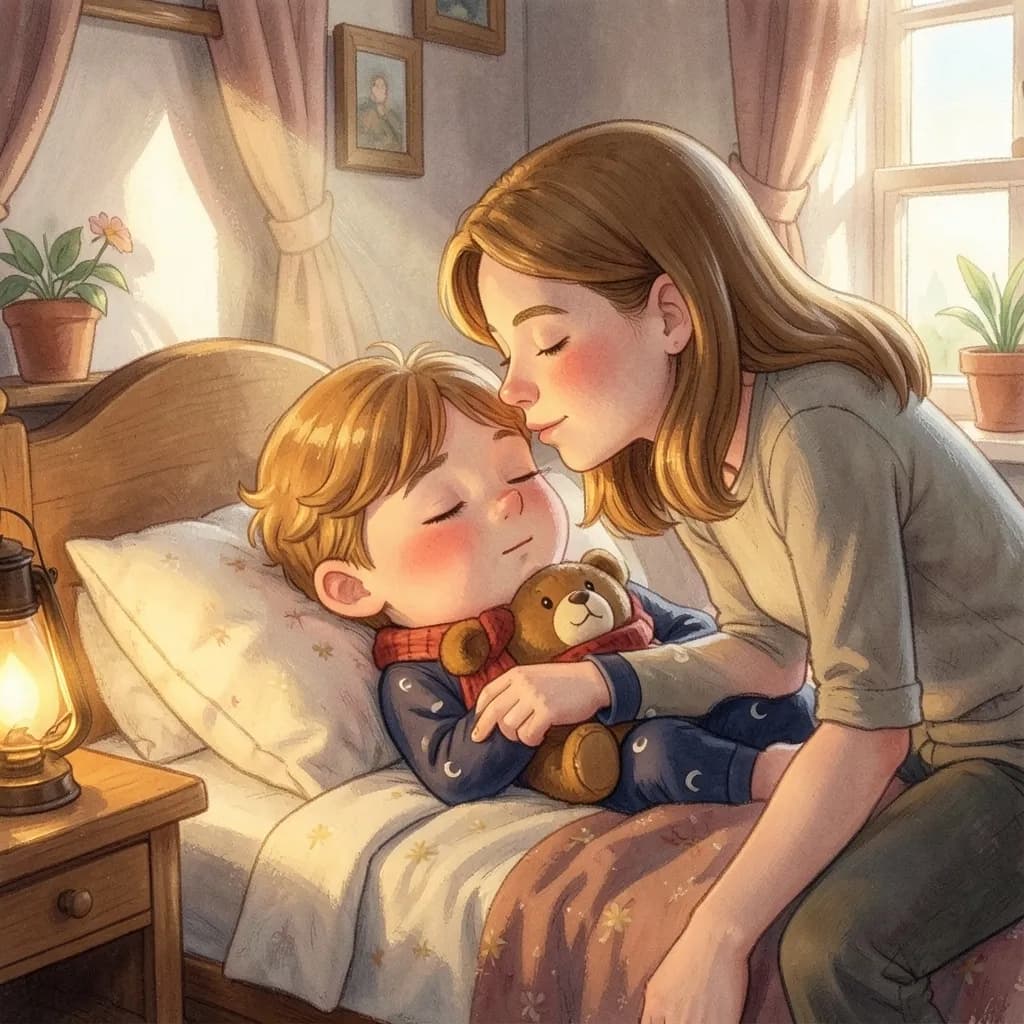 Page 8 illustration: When the morning sun slipped through the curtains, Leo was asleep in his own bed, cuddling Peanut.