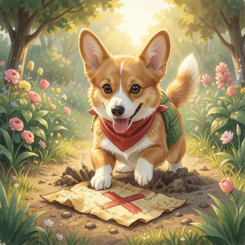Page 1 illustration: Digging in a corner of the garden, Biscuit found an old, yellowed piece of paper.
