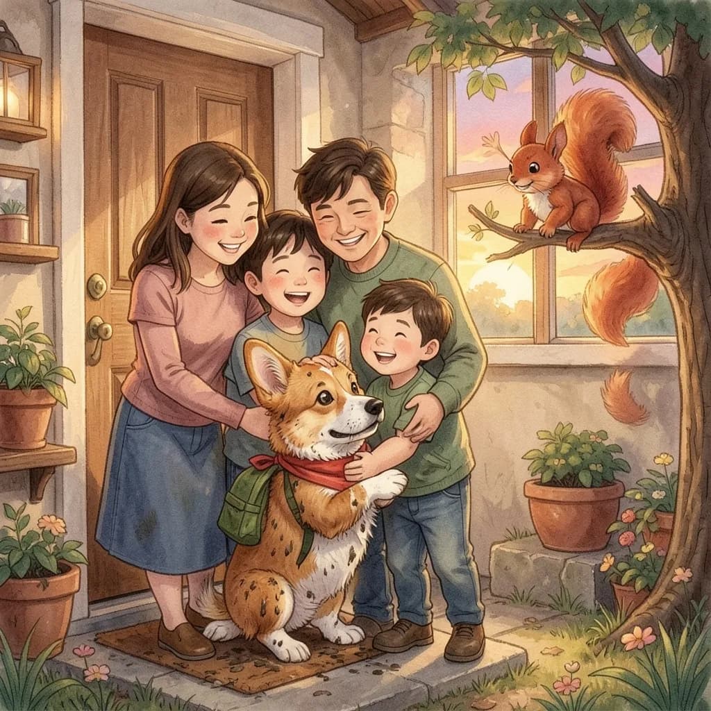 Page 8 illustration: As the sun set, Biscuit trotted in through the front door, just in time for dinner!