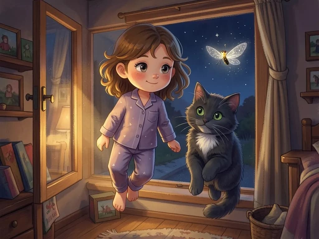 Page 9 illustration: Drifting gently down from the sky, Lily slipped back through the window.
