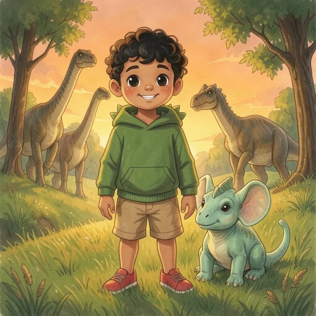 Page 6 illustration: At sunset they sat on a grassy hill and watched a herd of gentle giants munching leaves from the tallest trees.