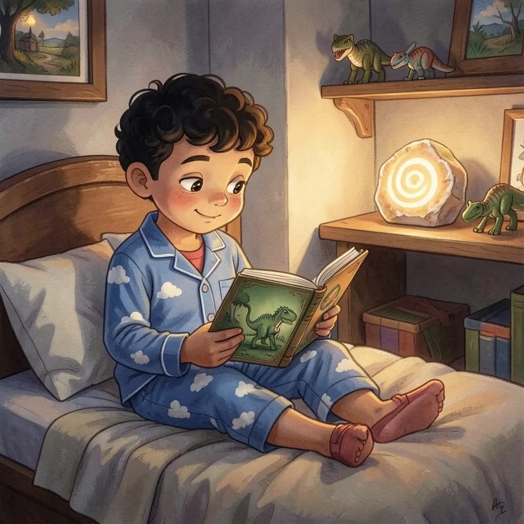 Page 8 illustration: That night, back in his pyjamas, Noah read his dinosaur book in bed.