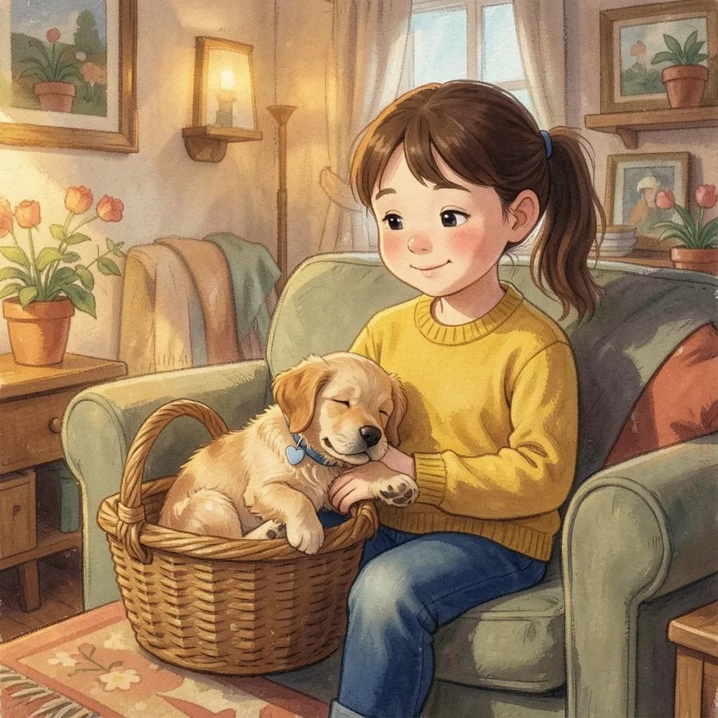 Page 1 illustration: The day Daisy came home, she was a tiny golden bundle in a basket.