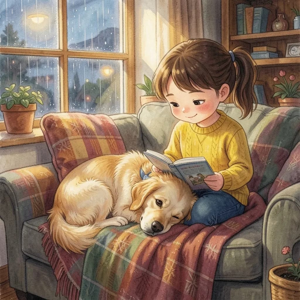 Page 5 illustration: On rainy days Daisy curled up at the end of Emma's blanket.
