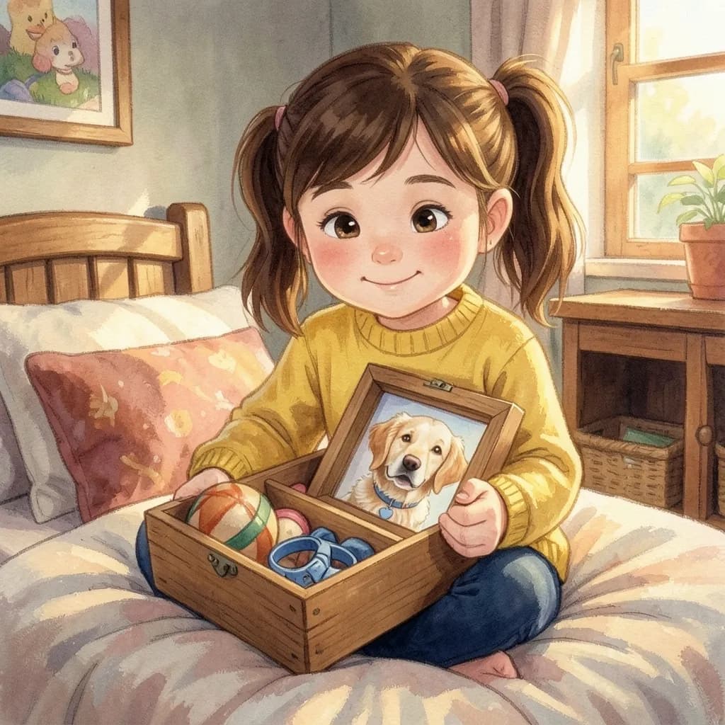 Page 8 illustration: In Emma's room there is a memory box holding Daisy's collar, her favourite ball and photos of them together.
