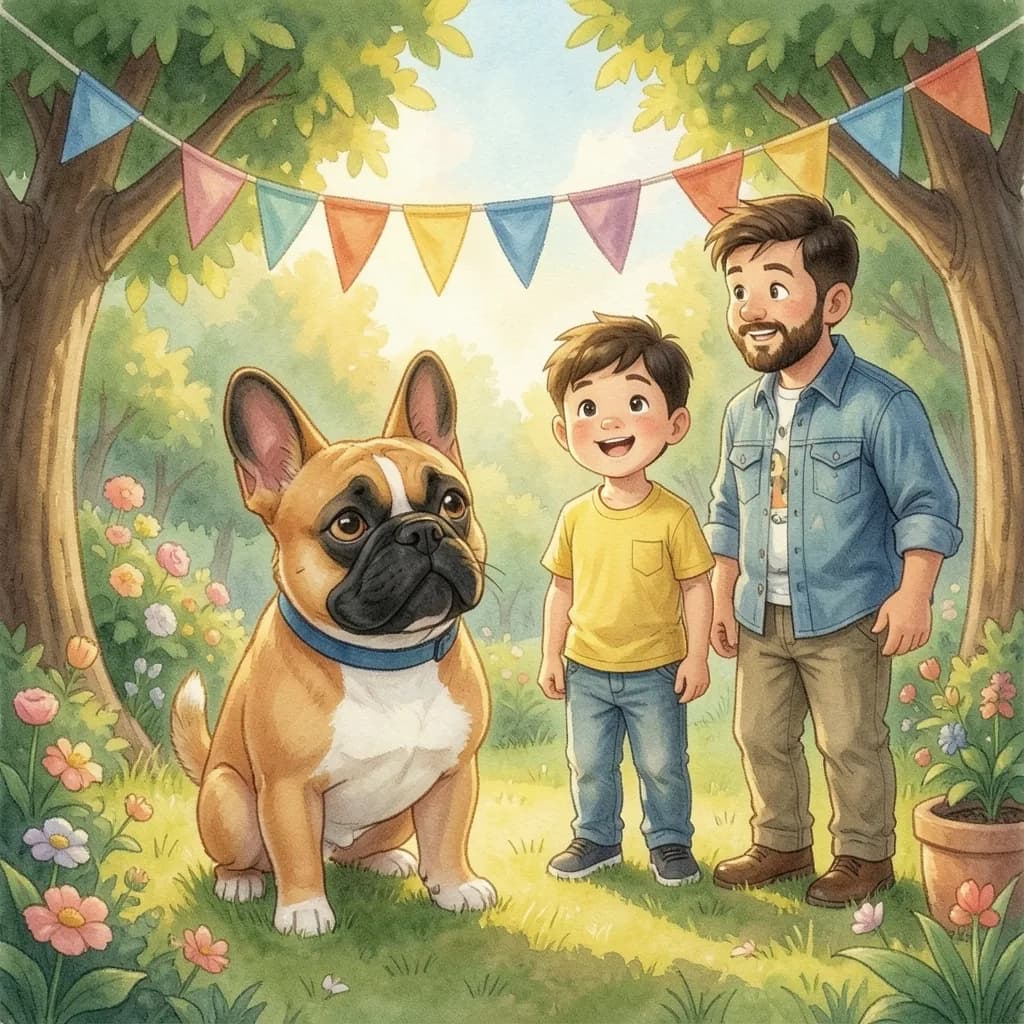 Page 2 illustration: In the garden, the boy and his dad were hanging colourful bunting between the trees.