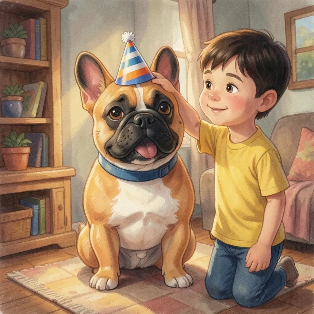 Page 3 illustration: Hold still, birthday boy, said the boy, and put a small striped party hat on Bruno's head.