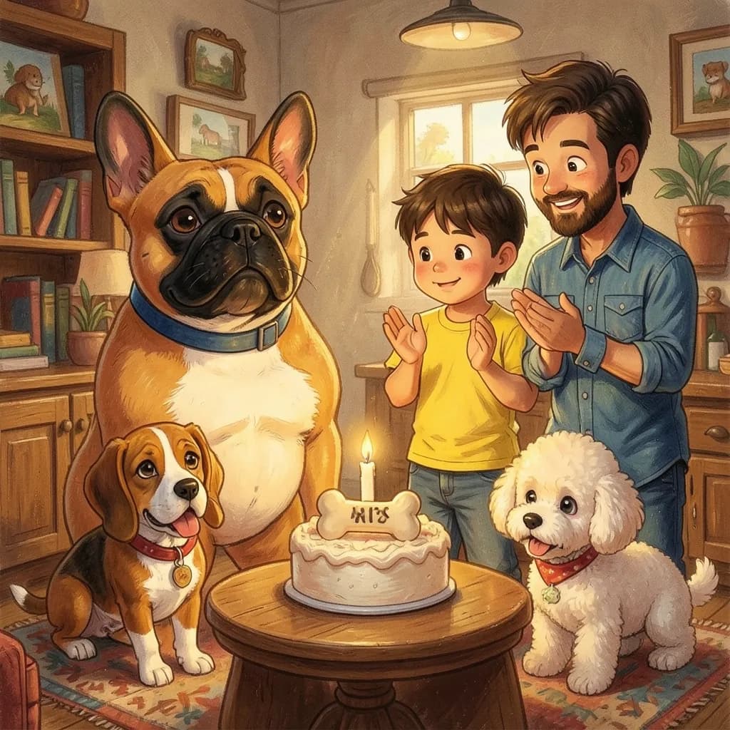 Page 5 illustration: Then came the cake: a small dog-friendly cake with a bone on top and a single candle.