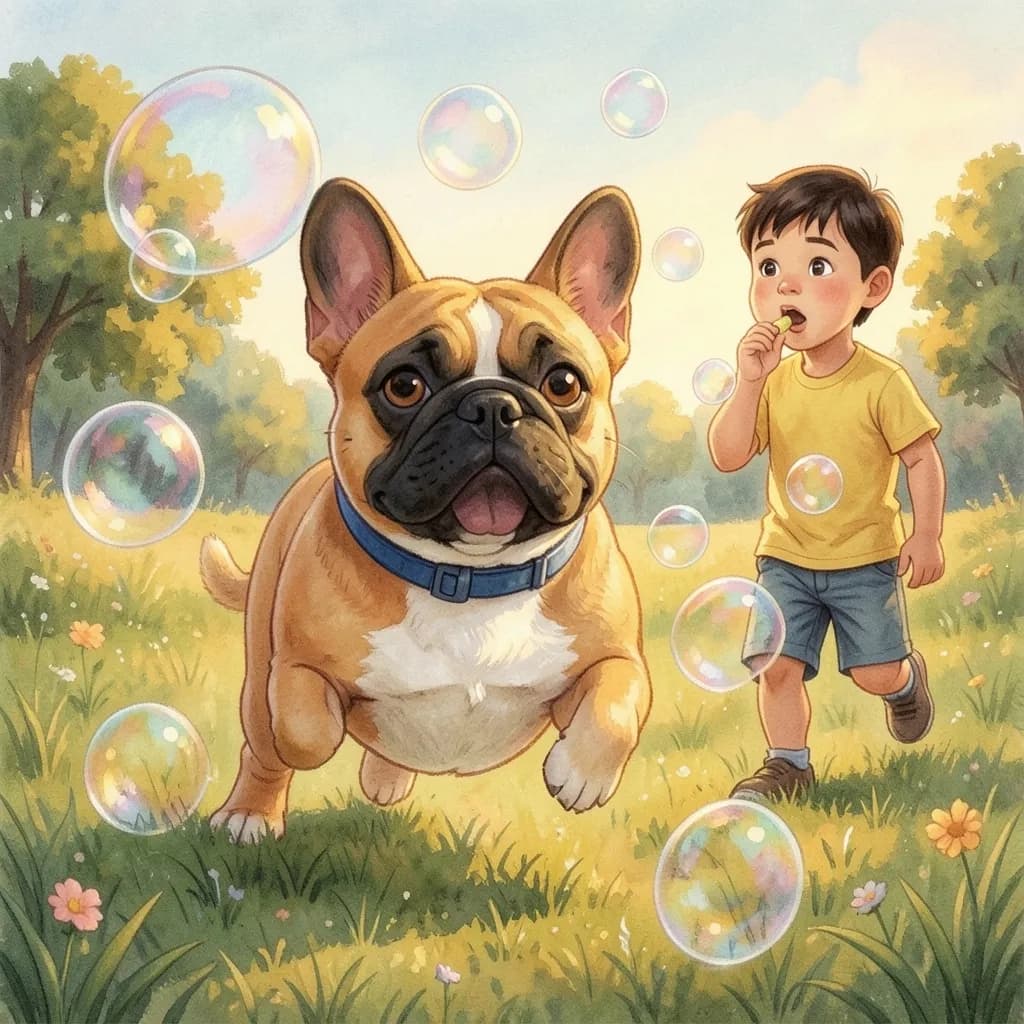 Page 6 illustration: The boy blew giant soap bubbles, and the three dogs chased them across the grass.