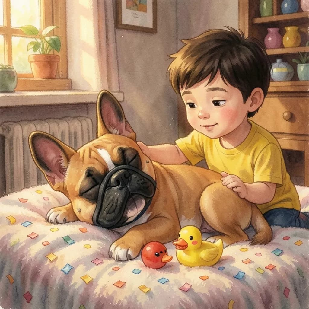 Page 8 illustration: That evening Bruno fell asleep on his blanket among the confetti, the squeaky duck tucked under his chin.