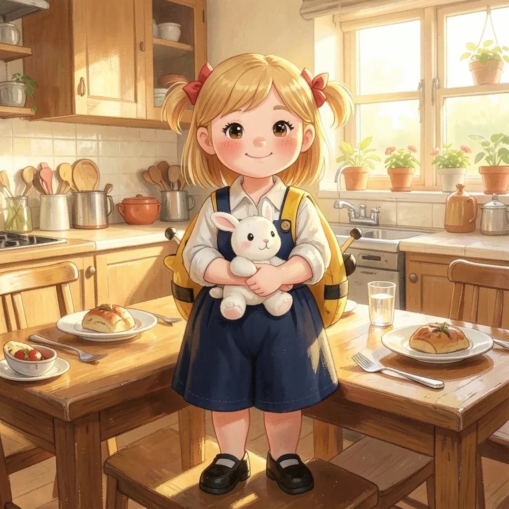 Page 1 illustration: Nora put on her yellow bee backpack and hugged Bunny tight.