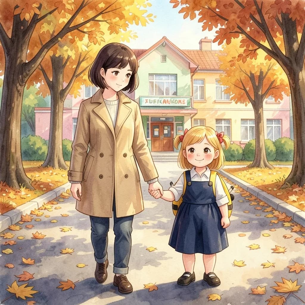 Page 2 illustration: She walked with Mum along the tree-lined street, crunching through the autumn leaves.
