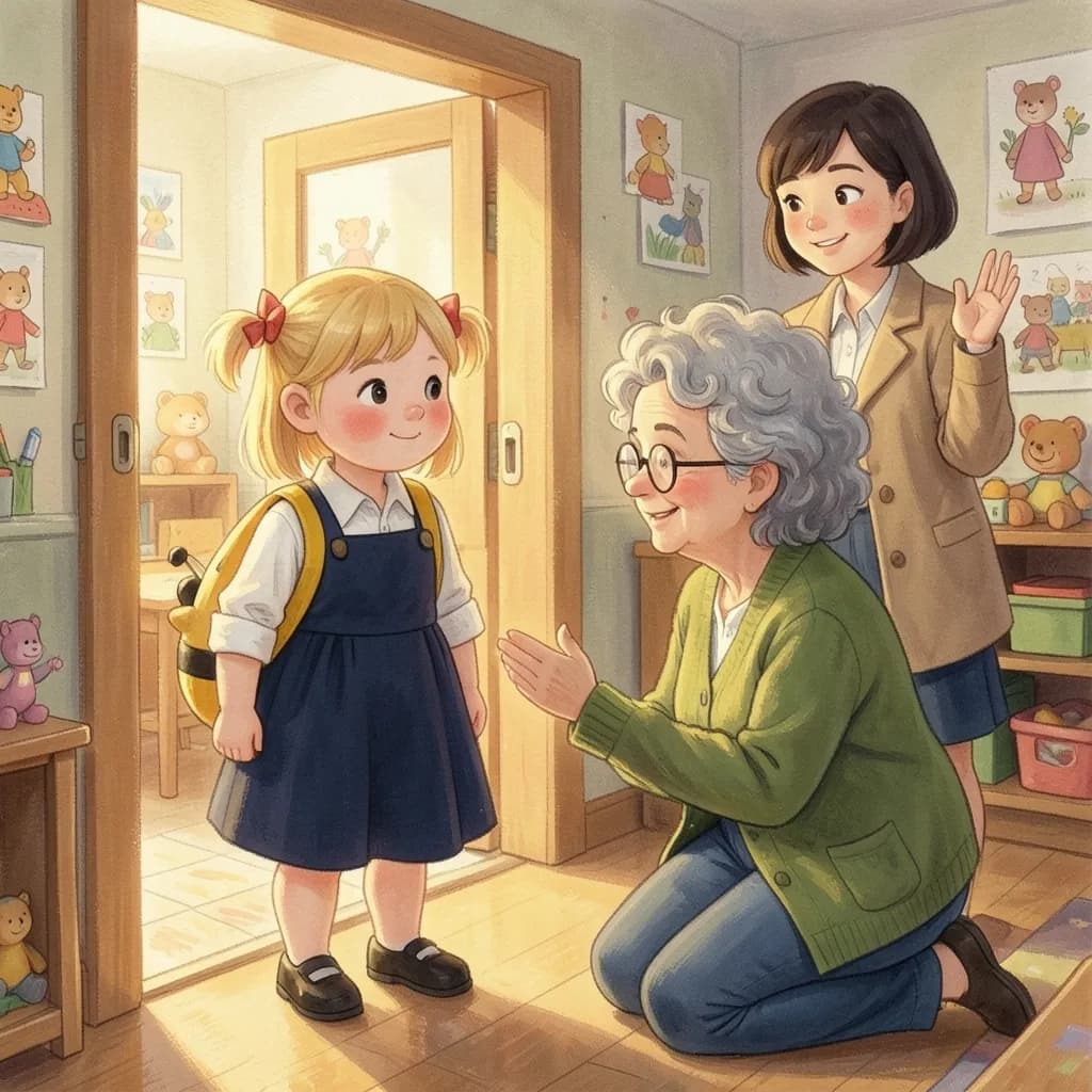 Page 3 illustration: At the door, a teacher with curly grey hair knelt down.