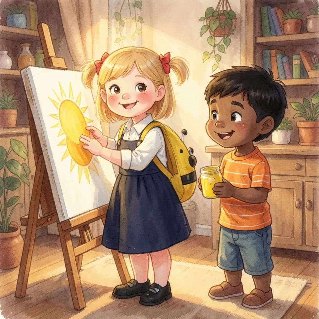 Page 4 illustration: Nora started painting a big yellow sun at the easel.