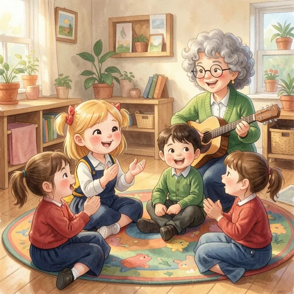 Page 5 illustration: At circle time, everyone sat on the colourful rug and sang while the teacher played her little guitar.