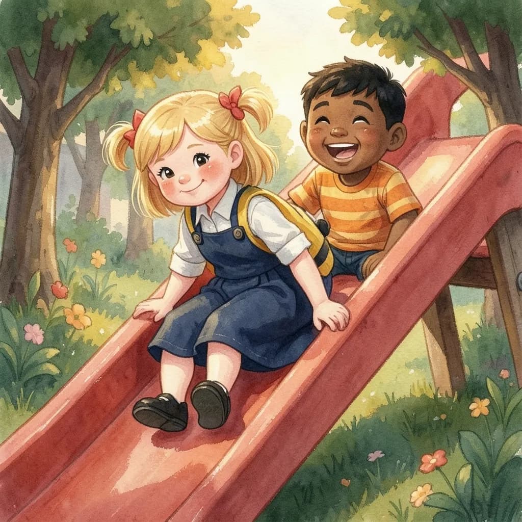 Page 6 illustration: On the playground, Nora and Sam slid down the red slide together, faster and faster, laughing all the way to the bottom.