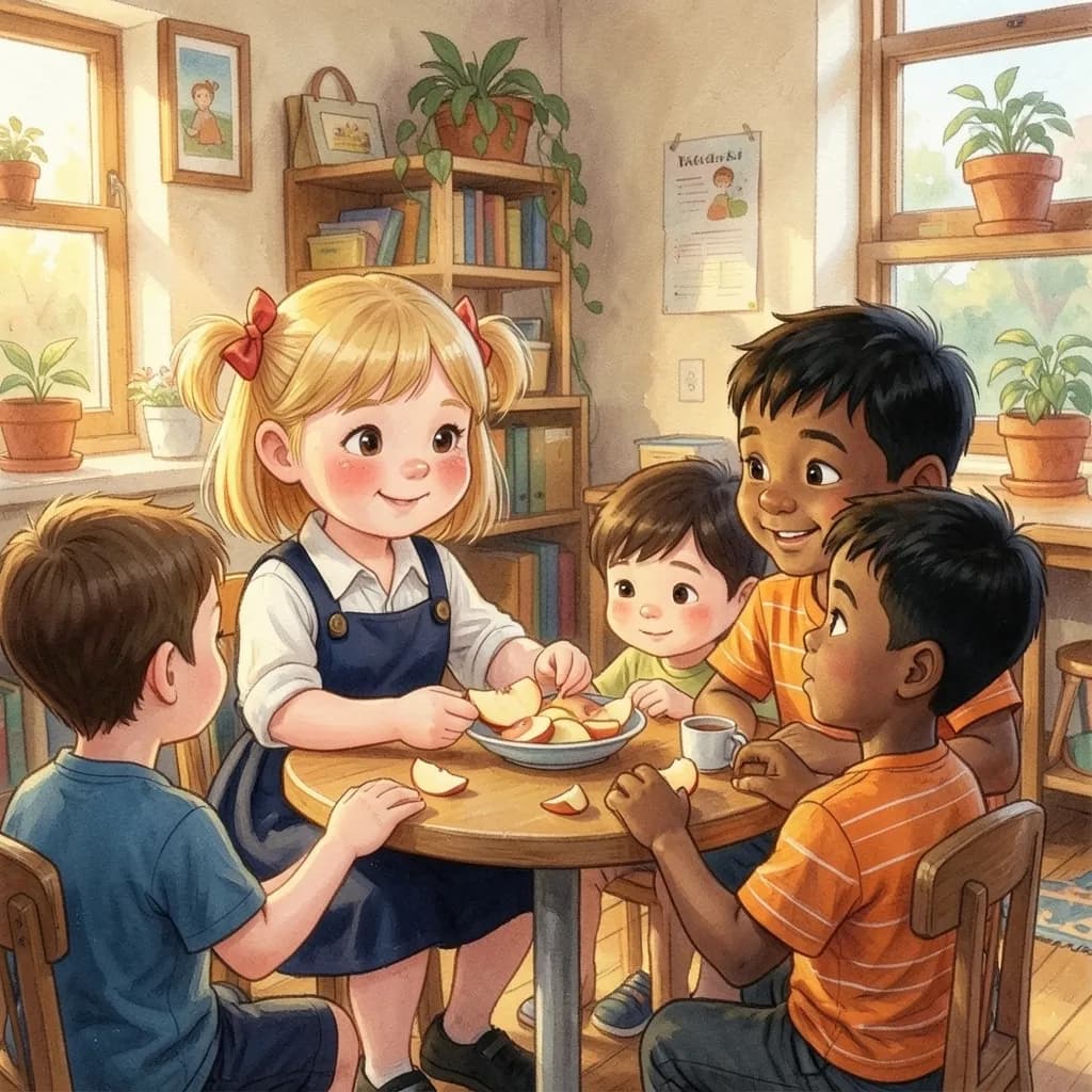 Page 7 illustration: At snack time, Nora shared her apple slices with Sam and the other children.