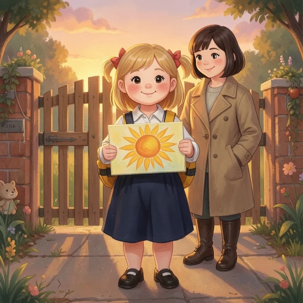 Page 8 illustration: When Mum came at the end of the day, Nora ran to the gate holding up her sun painting.
