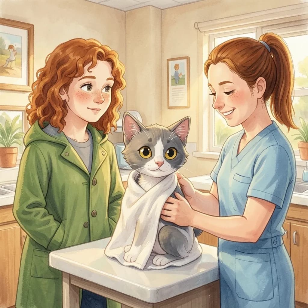 Page 3 illustration: At the clinic the vet was gentle.