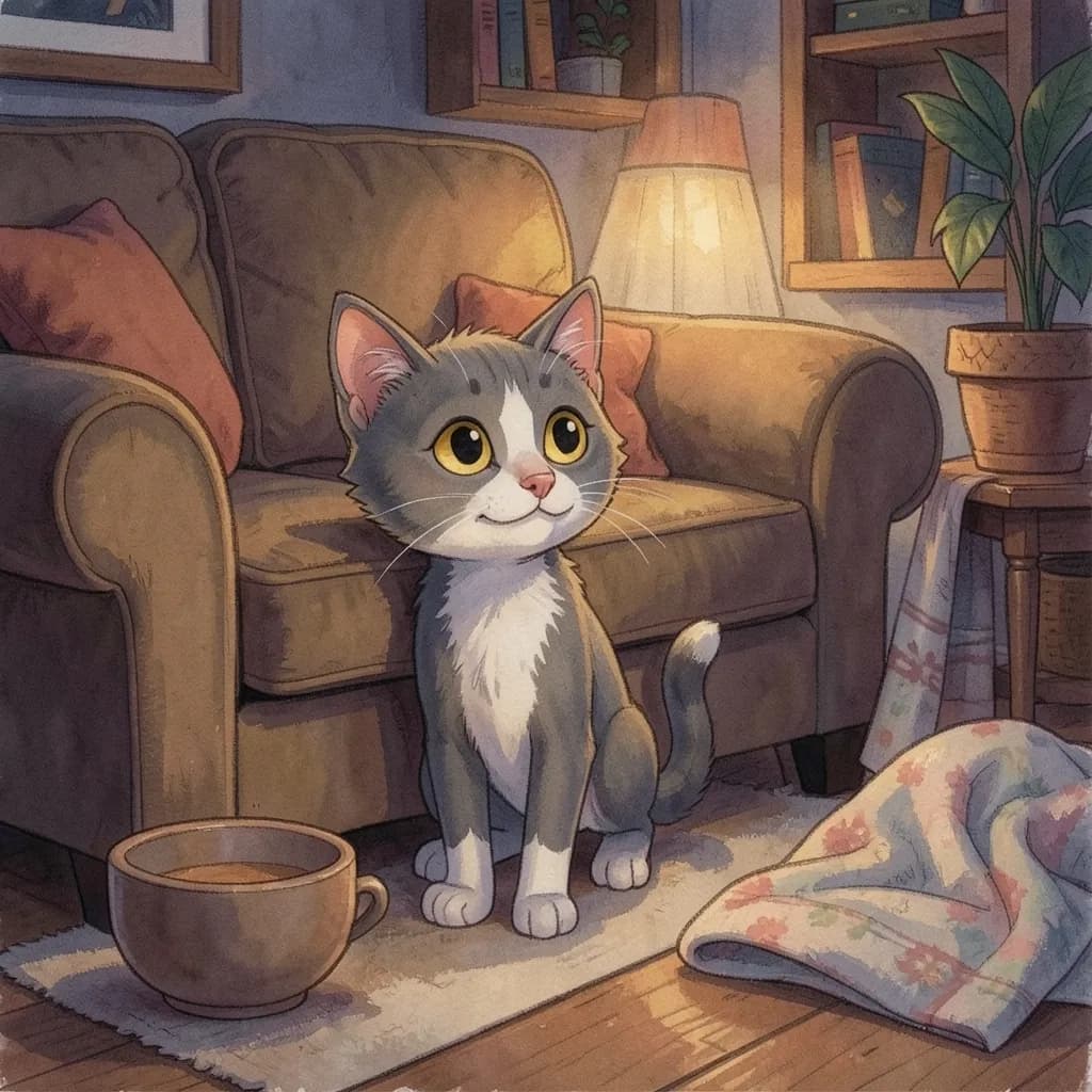 Page 4 illustration: The first night in the apartment, Pepper hid under the sofa.