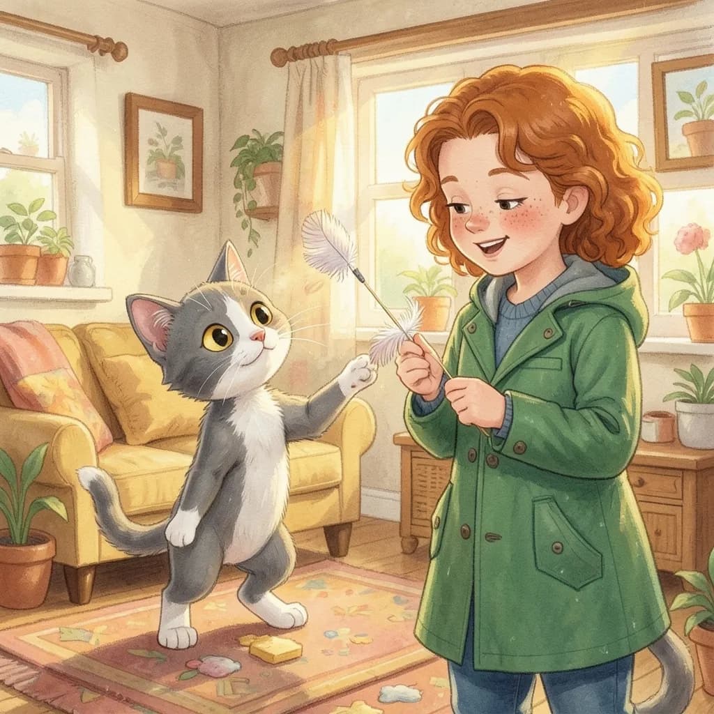 Page 5 illustration: A few days later a feather on a string danced across the floor.