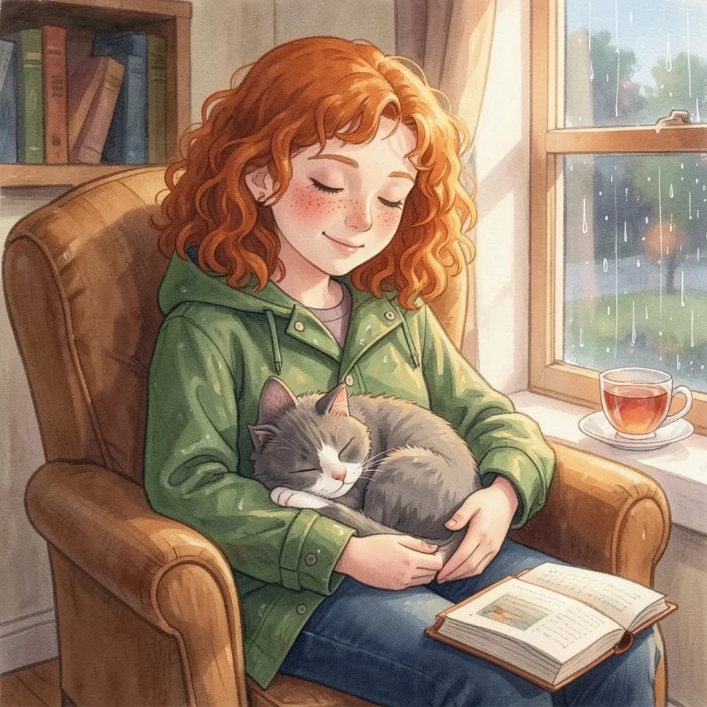 Page 6 illustration: One rainy afternoon Pepper climbed onto her lap and fell asleep.