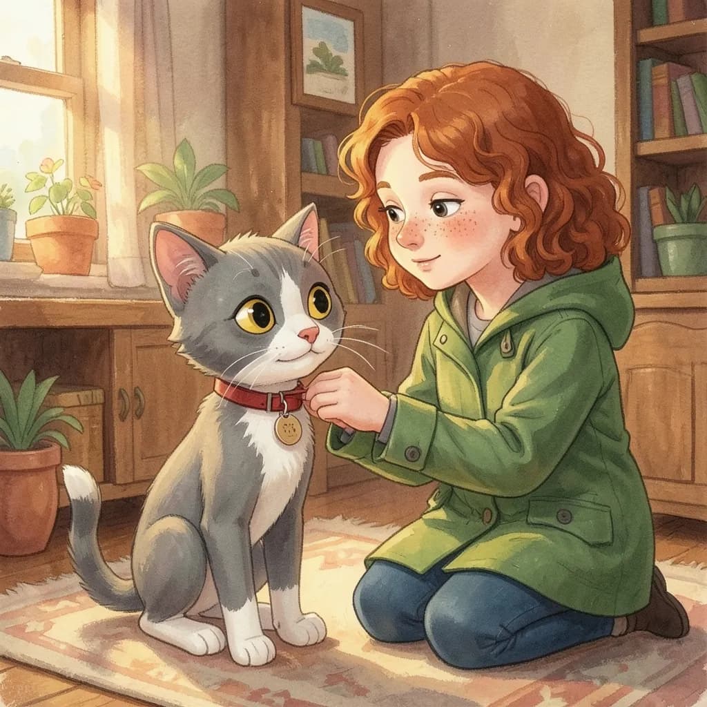 Page 7 illustration: You need something that's just yours, she said, kneeling to fasten a new red collar with a little round tag.