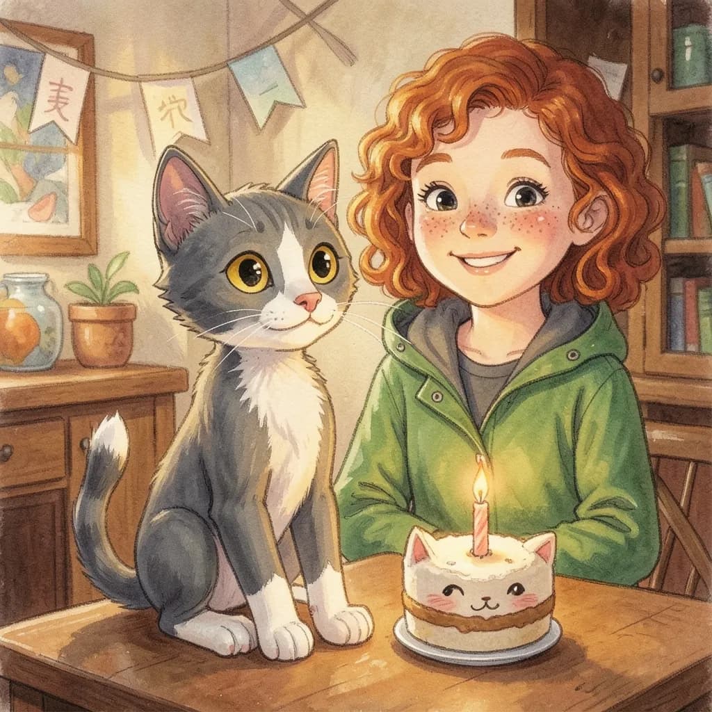 Page 8 illustration: A year later there was a tiny cake with one candle on the table.