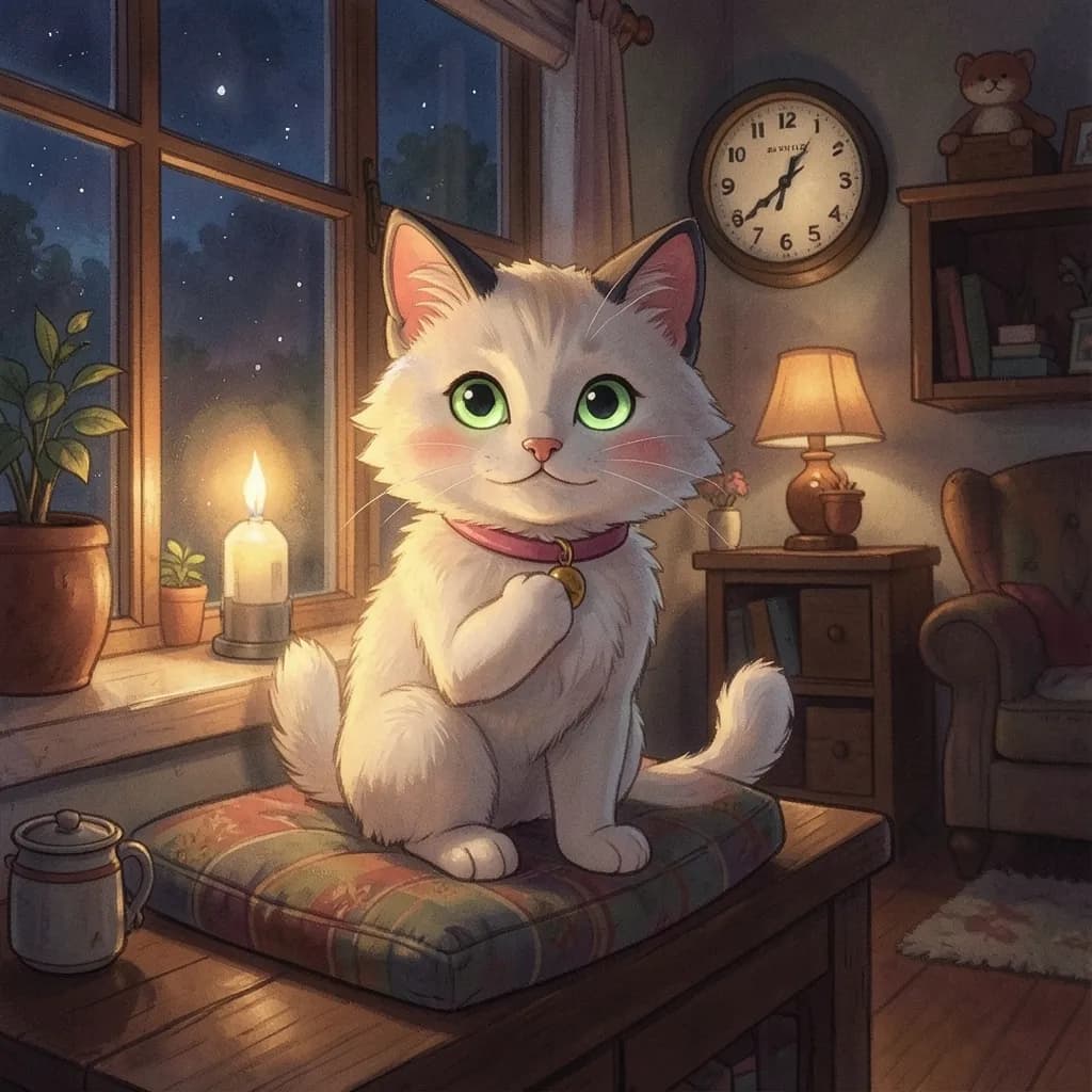 Page 1 illustration: By day, Mochi was a lazy cat who slept on the sunny cushion by the window.