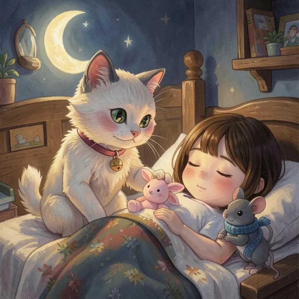 Page 7 illustration: Carrying Lily gently in her mouth, Mochi crept into Zoe's room.
