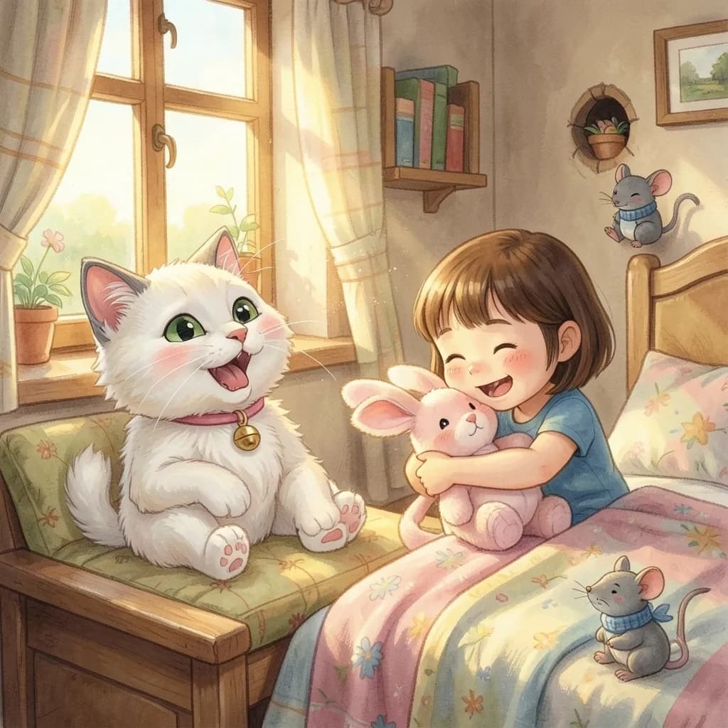 Page 8 illustration: In the morning Zoe woke up with shrieks of joy: Lily came back! Mum and Dad looked at each other in surprise.