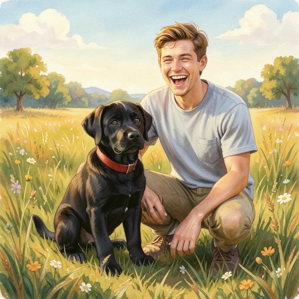 Page 2 illustration: Grandpa still remembers the day Max came home: a clumsy puppy with enormous paws, chasing everything that moved across the field.