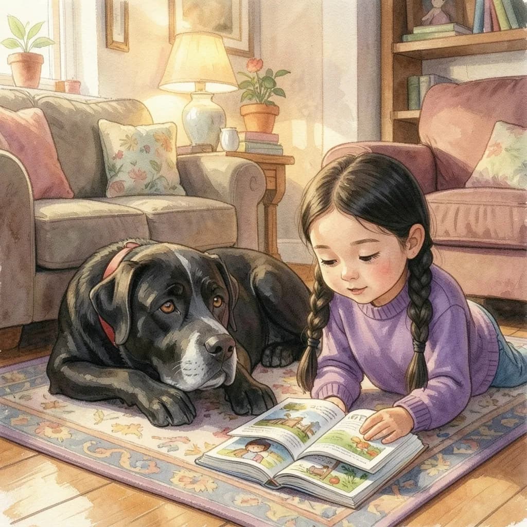 Page 4 illustration: When his granddaughter visits, she lies on the rug and reads picture books aloud.