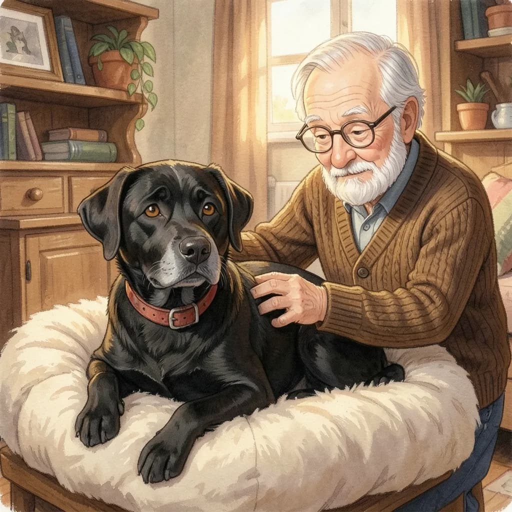 Page 6 illustration: At night Grandpa brushes Max's fur on his soft bed.