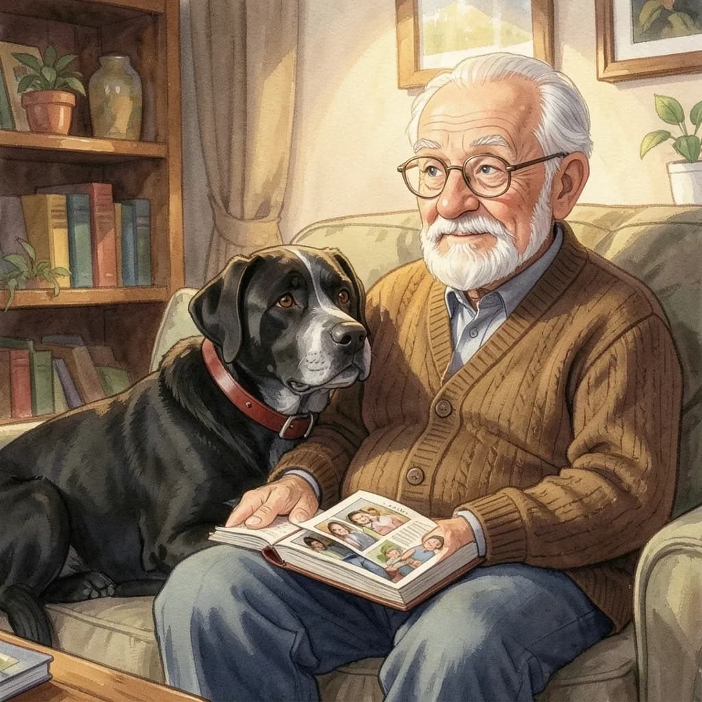 Page 7 illustration: On rainy afternoons Grandpa opens the old photo album.