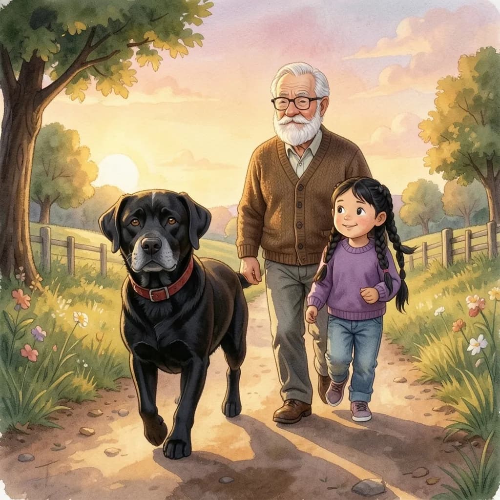 Page 8 illustration: As the sun sets, the three of them walk the country path together, their long shadows side by side.
