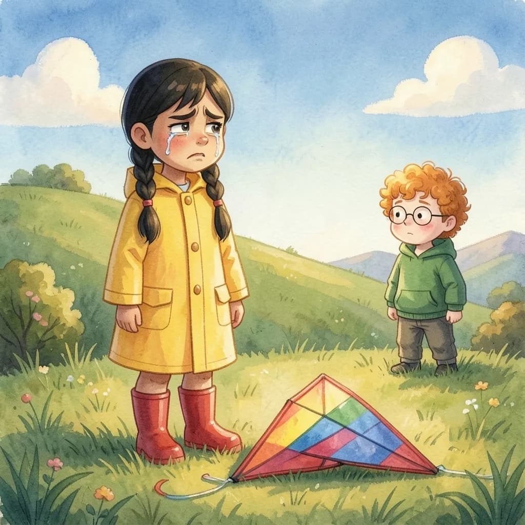 Page 3 illustration: Mia tried to fly the kite.