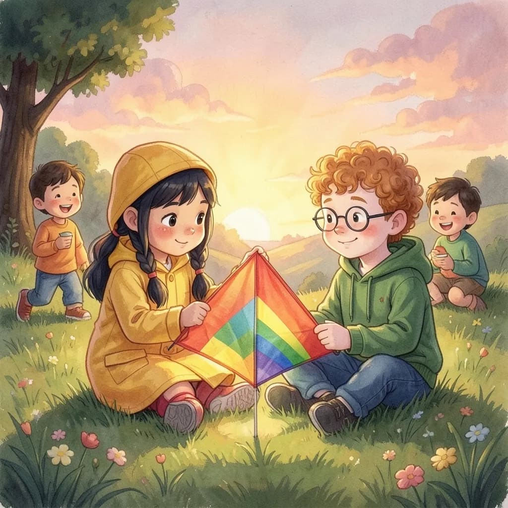 Page 8 illustration: As the evening sun painted the hill orange, Mia and Sam folded up the kite together.