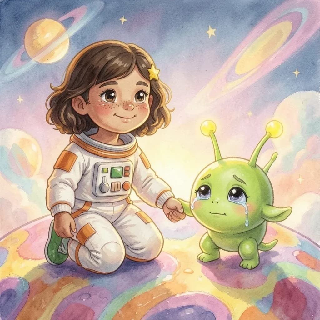 Page 5 illustration: The next stop was a planet with candy-coloured rings.