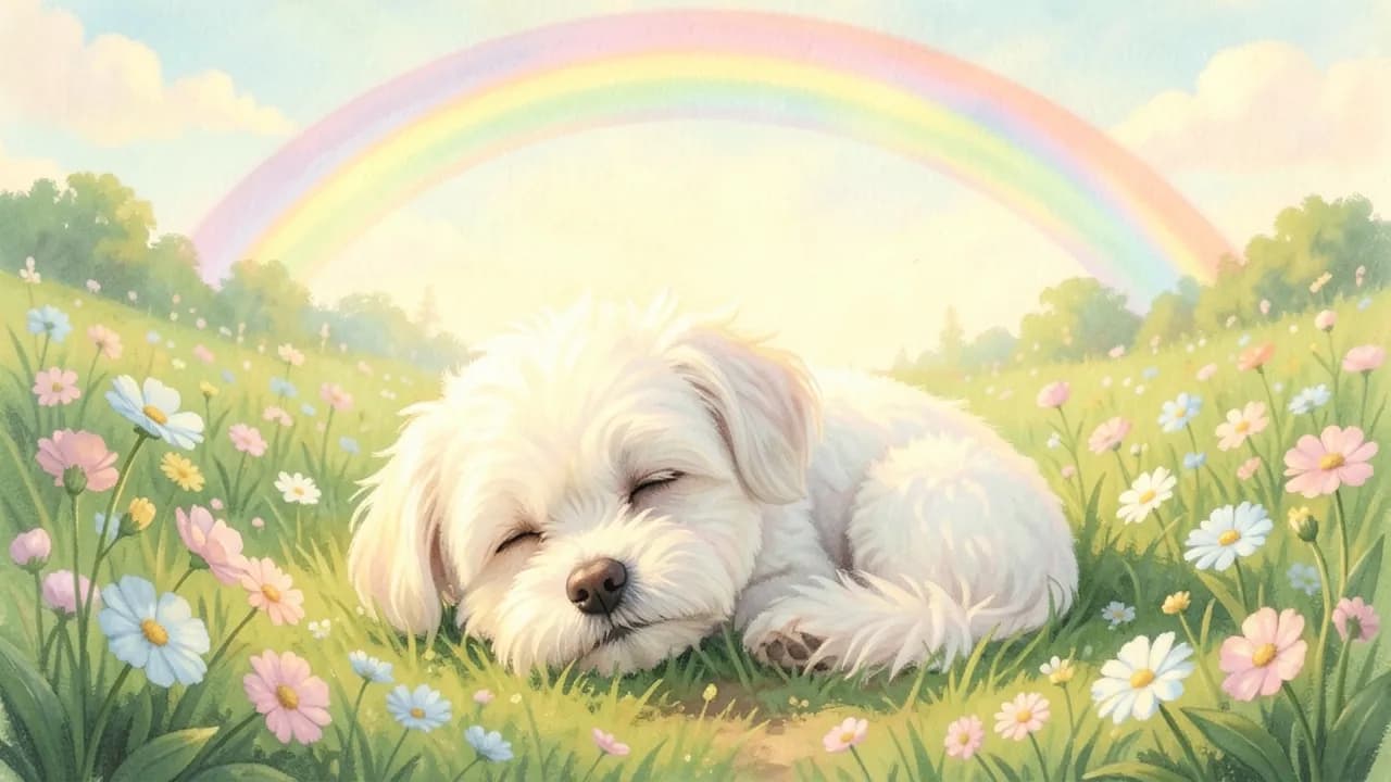 Illustration of a dog resting peacefully under a rainbow