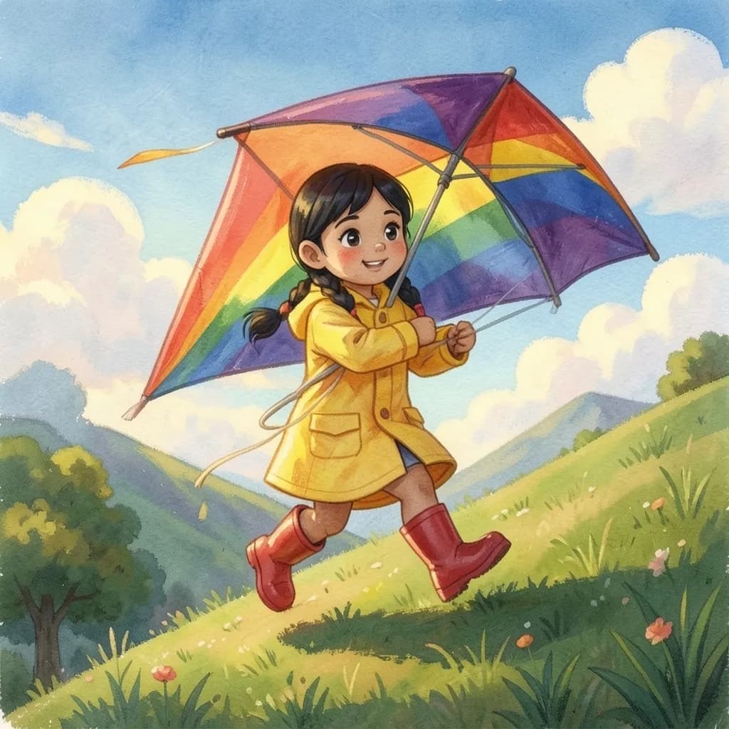 Page 1 illustration: Mia's birthday present was a huge rainbow kite with a seven-coloured tail.