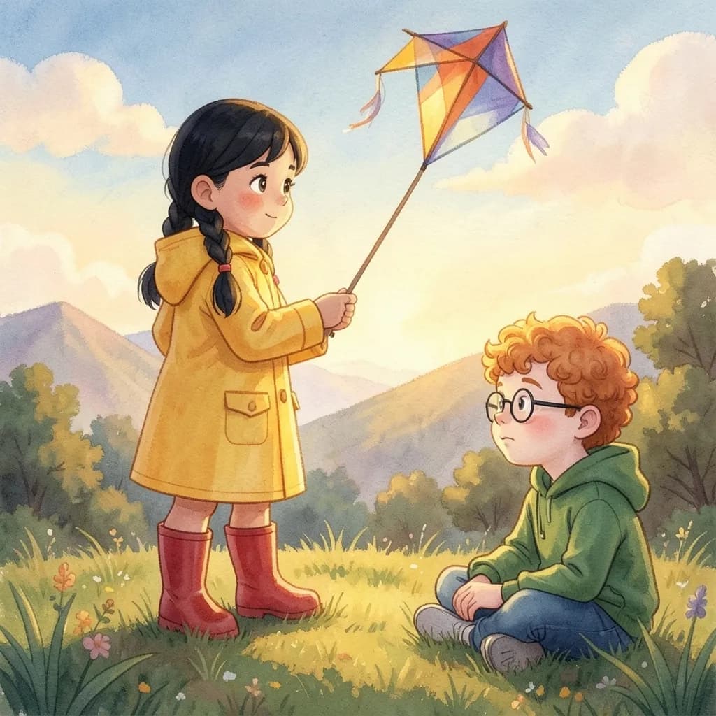 Page 2 illustration: On the hilltop a boy with glasses and curly red hair was sitting all alone.