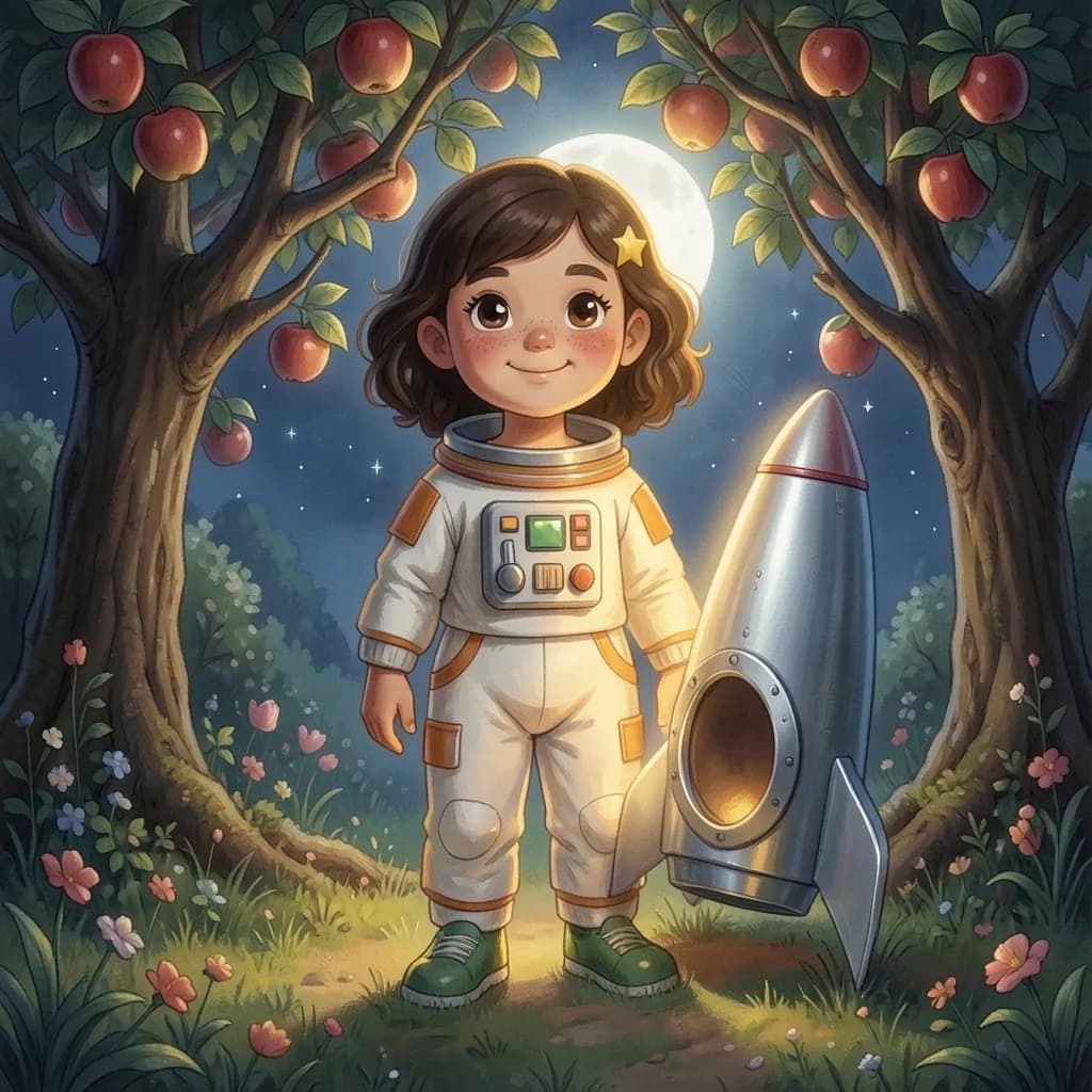 Page 2 illustration: Under the tree stood a silver rocket no bigger than a toy.